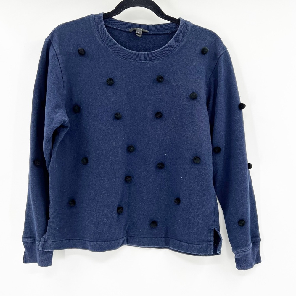 J Crew Navy Blue Pom‎ Pom Sweatshirt Crew Neck Long Sleeve Cotton Women's M